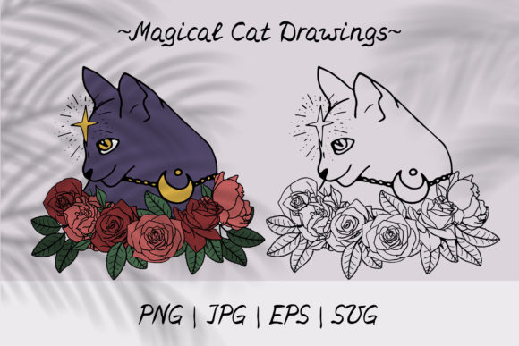 Download Magic Cat with Flowers Line Art SVG PNG - Premium Resources
