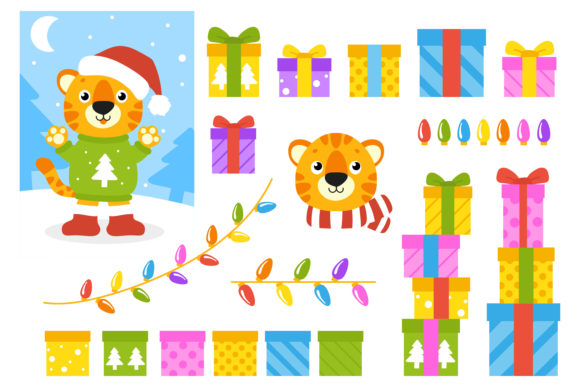 Download Tiger Symbol in a Winter Hat with Gifts. - Premium Resources